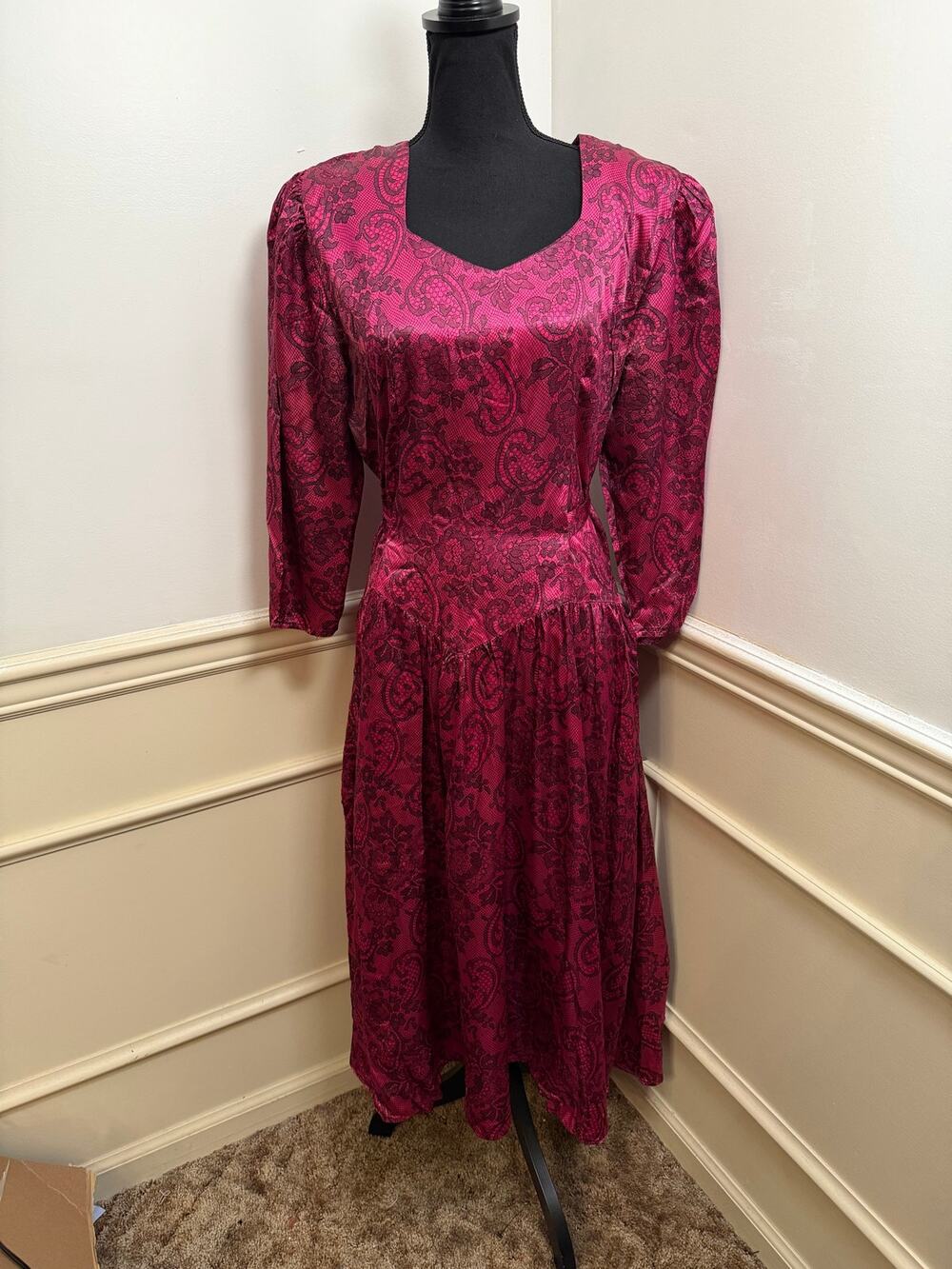 Vintage 80s Scandals Hot Pink Acetate Midi Dress Drop Waist Lace Brocade Print